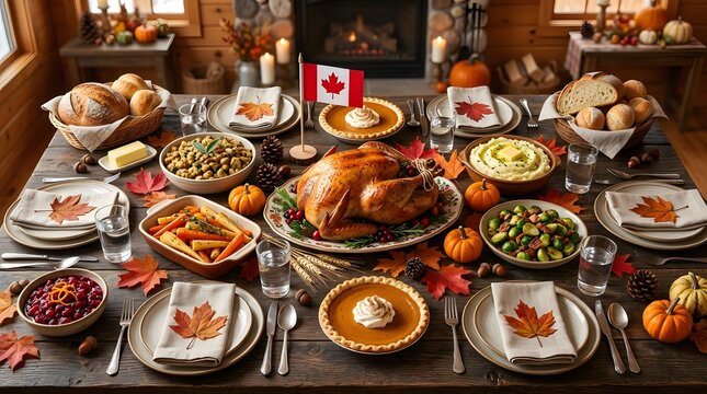 A bountiful canadian thanksgiving feast is beautifully displayed featuring a roasted turkey side dishes and autumnal decorations creating a warm and inviting