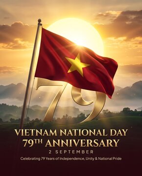 Vietnam national day 79th anniversary celebration with national flag with golden sunrise landscape