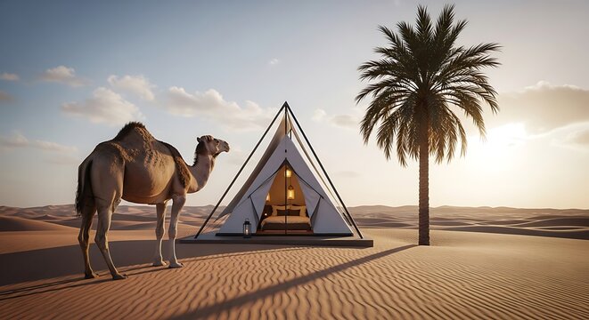 Dromedary camel near a glamping tent in the desert with glamping, dromedary