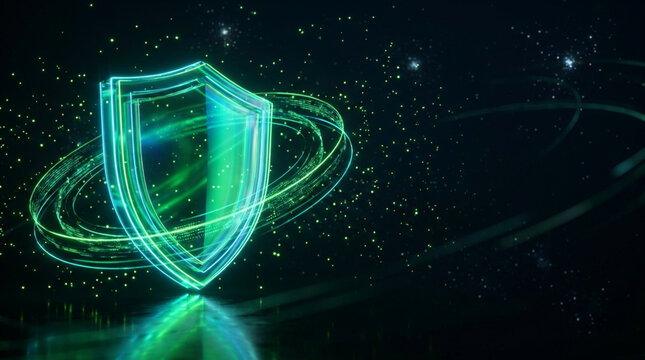 Futuristic translucent 3D shield with neon green glowing borders and orbital energy rings on dark digital background with floating particles, light bokeh, and reflections.