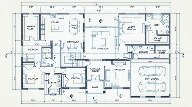 Detailed blue print floor plan with architectural background and technical drawing.