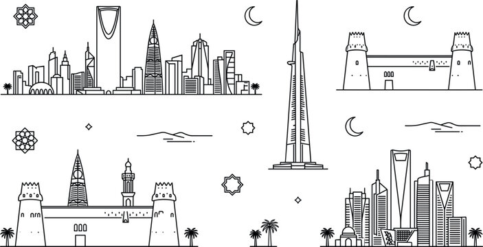 Saudi Arabia Skyline and Landmarks Vector Set with Riyadh Skyscrapers Masmak Fortress and Traditional Middle Eastern Architecture Icons