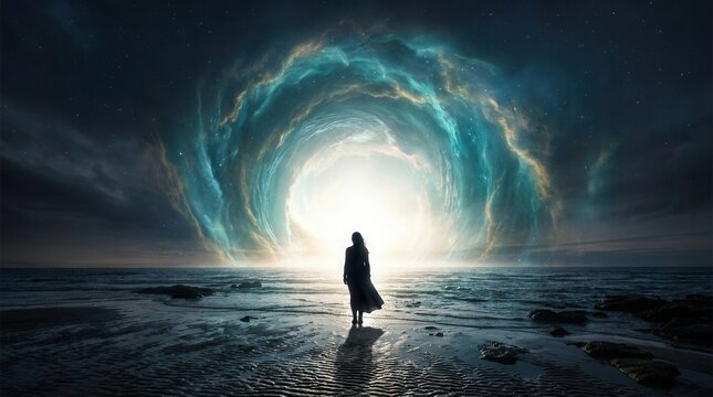 Conceptual imagery of a man deciding to dare and find his dream through a giant wave portal.