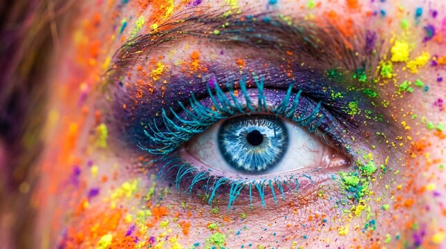 Close up of a human blue eye with bright colorful makeup and glitter paint on the face and eyelashes