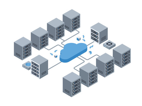 3D isometric cloud computing network with interconnected servers and data storage infrastructure