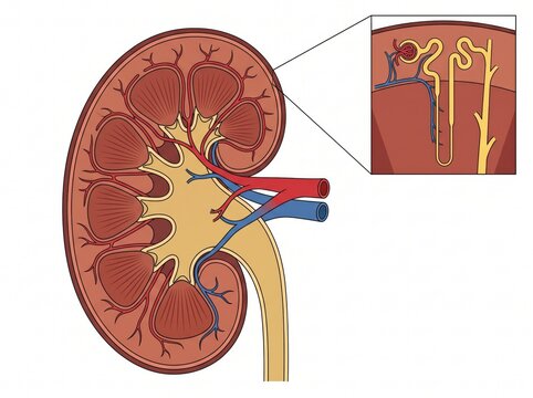 Cross section diagram of human kidney anatomy with detailed nephron microscopic structure illustration medical illustration internal organ biology graphic renal system urinary system body organ