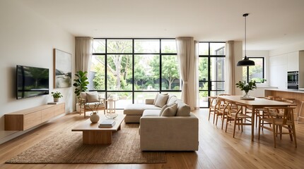 Fototapeta premium Modern Open Concept Living Room With Dining Area Interior