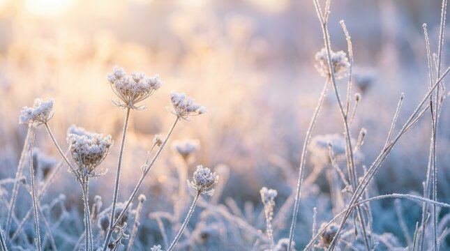 Frozen icy flowers standing in a winter landscape at dawn.