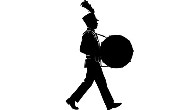 Marching band drummer silhouette white background.