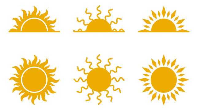 Set of six yellow sun icons with various ray styles for weather forecasting, solar energy branding