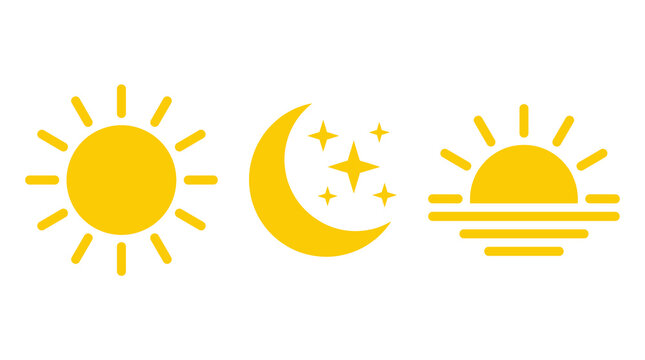 Set of yellow sun moon and rising sun flat vector icons for weather forecast weather symbols day