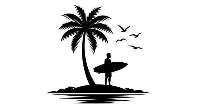 Surfer standing on tropical island with palm tree and flying birds silhouette illustration for