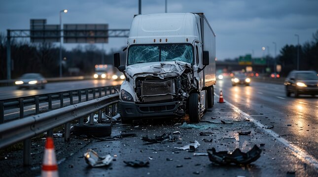 Damaged semi truck crashed against a guardrail on a busy multi-lane highway.