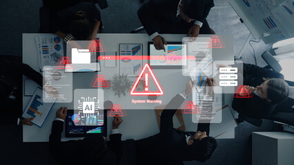 Group of professionals in a business meeting with system warning alert, engaging in data analysis...