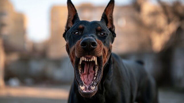 Close-up of aggressive black and tan dog with open mouth showing sharp teeth in outdoor setting with blurred background
