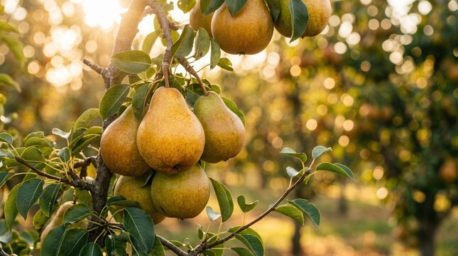 Beautiful ripe pear fruit growing in an orchard under a warm sun flare.