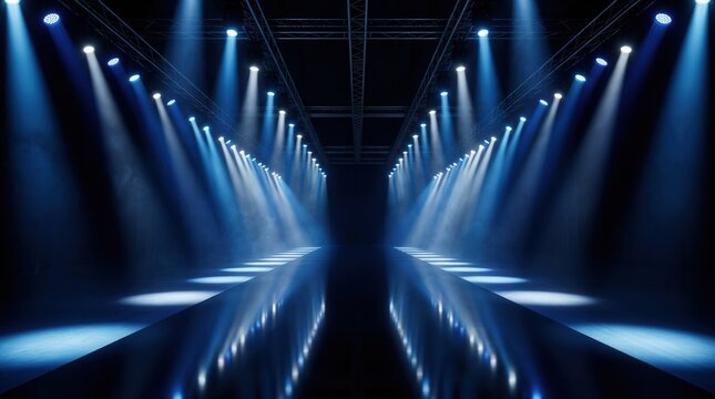 Fashion event runway podium stage featuring an empty catwalk and dramatic lighting.