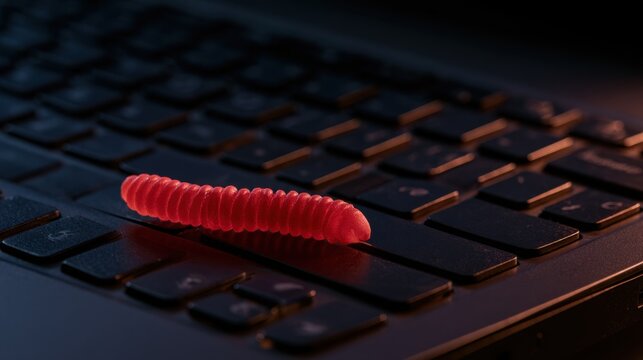 Close-up of bright red silicone worm bait on black computer keyboard with dark moody lighting illustrating cyber security threat concept