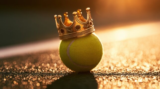 Close-up of bright yellow tennis ball wearing a golden metal crown on textured surface with warm glowing light creating shadow and bokeh effect in background