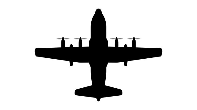 Black silhouette of four engine turboprop cargo plane for aviation logistics, transportation icon