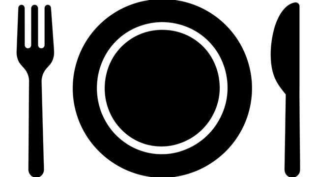 Black silhouette icon of plate fork and knife for restaurant menu signage, cafe branding, dining
