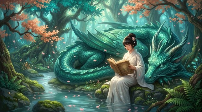 Fairytale artwork showing a Japanese girl reading a book with a large dragon in a forest.