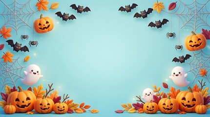 Fototapeta premium Halloween decorations with pumpkins ghosts bats and spiders on blue background