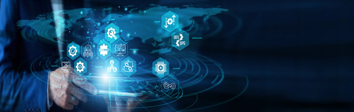 Systems engineer working on tablet and touch interface for DevOps workflow. Software developer using digital device monitoring continuous integration and cloud pipeline deployment. Tech.