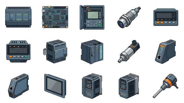 Automation and electrical engineering equipment icons on transparent background