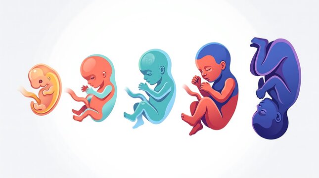 Embryo development stages showing prenatal growth from zygote to fetus with human development medical illustration graphic design scientific research umbilical cord amniotic sac pregnancy