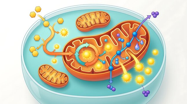 Detailed cellular cross section highlighting mitochondria and energy synthesis processes with cellular process cell structure atp production medical illustration educational graphic