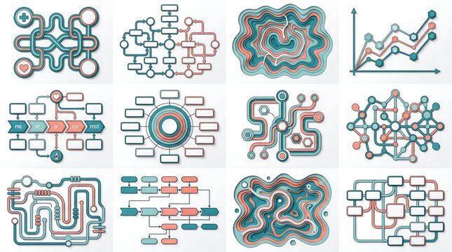Collection of abstract flowcharts and organizational diagrams modern infographic elements for business process and data visualization set on white background