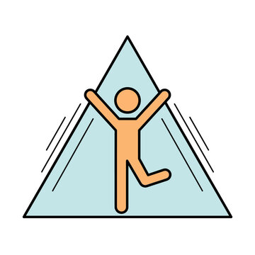 Minimal flat vector stick figure dancing in front of blue triangle, abstract geometric logo icon, modern outline design for app UI and branding