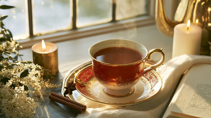Fototapeta premium Steaming cup of hot tea next to an open book and burning candles, creating a warm, cozy atmosphere by a sunlit window