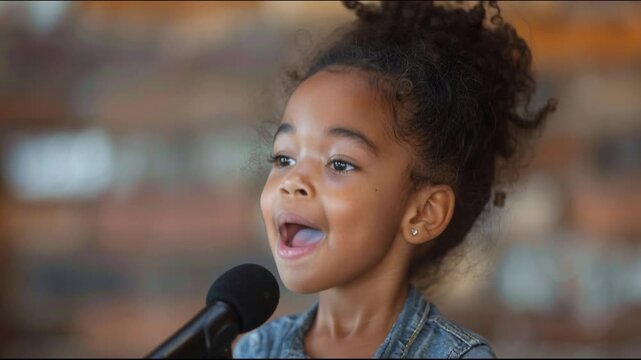 Young girl speaking at a microphone during an event in a warm setting with a brick wall backdrop