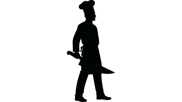 Chef silhouette holding cleaver white background.