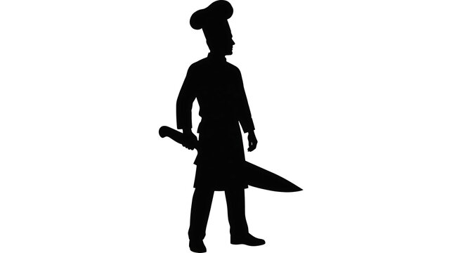 Chef silhouette holding cleaver white background.