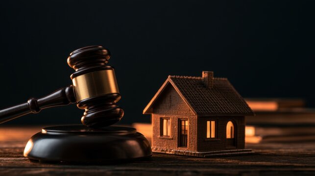 Wooden gavel beside small detailed brown house model on dark surface with black background representing property law and legal judgment in real estate matters