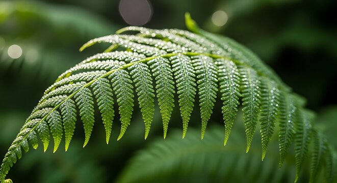 Fresh green fern frond with dew water droplets in forest botanical tropical