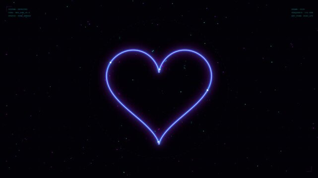 Futuristic neon heart HUD interface glowing on dark background with digital particle effects and sci-fi telemetry screen overlay, centered camera angle creating romantic high-tech mood.
