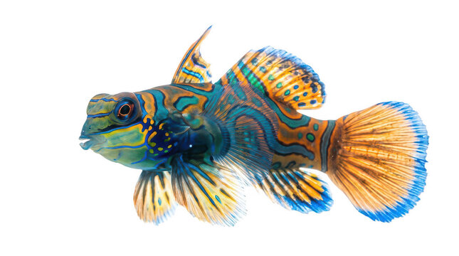 A vibrant mandarin dragonet fish with intricate blue and orange... isolated on a transparent background