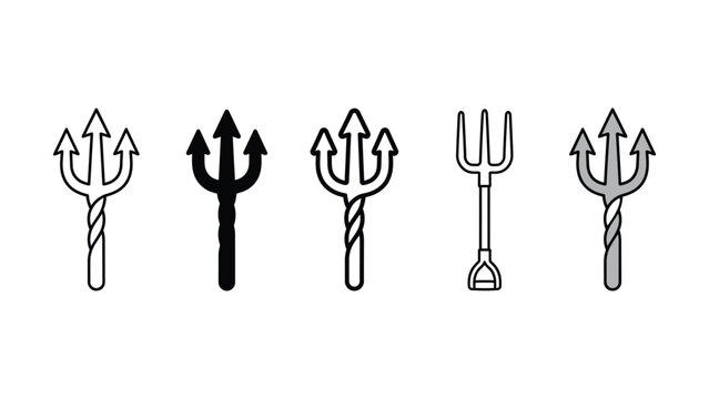 Set of trident and pitchfork icons with various artistic graphic design styles