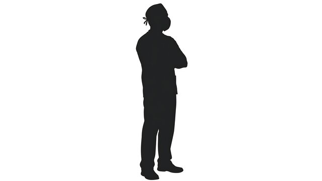 Silhouette of person standing with arms crossed white background.