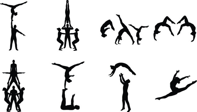 Acrobatic Gymnastics and Cheer Stunt Black Silhouette Icon Set with Balancing and Tumbling Performers