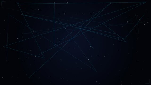 Abstract digital blue network plexus lines connecting glowing nodes over a dark starry night sky background, showing futuristic big data transfers, cyber communication technology, wide angle view.