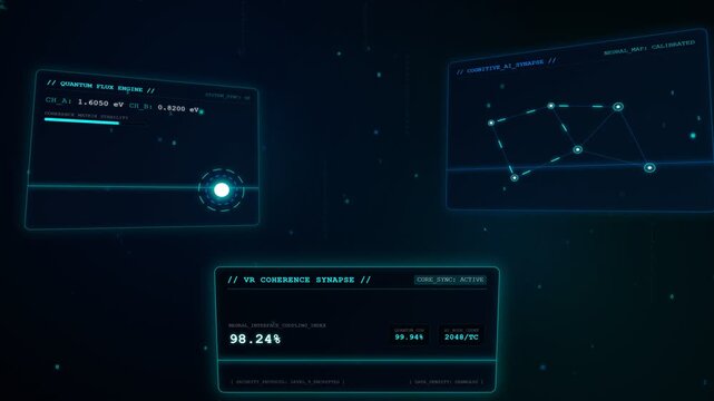 Futuristic glowing cyan HUD interface display with animated quantum flux engine, cognitive AI synapse data, and virtual reality telemetry on a dark cyber digital background shot in medium perspective.