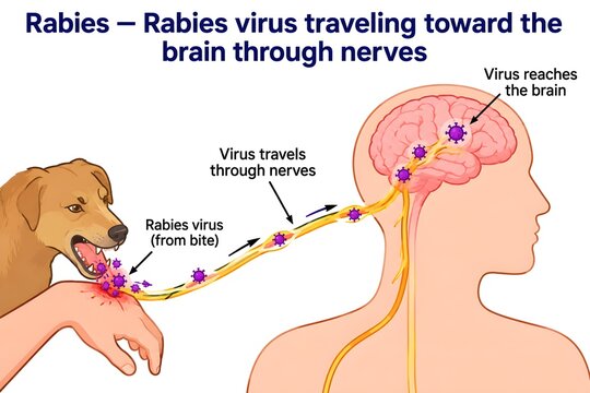 Rabies Virus Spreading Along Nerve Pathways, Simple Medical Illustration