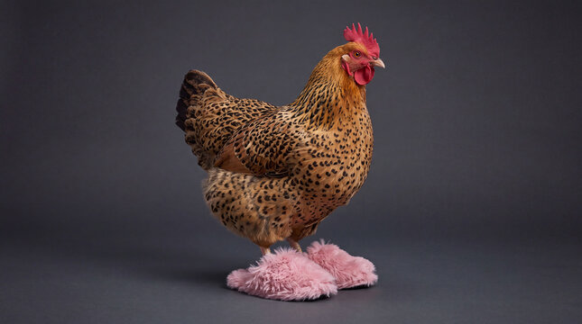 Chicken wearing pink slippers against a studio background