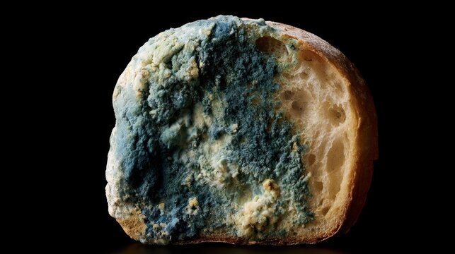 Close up of slice of bread with green blue mold growth showing fungal spores and texture on dark black background isolated food decay concept