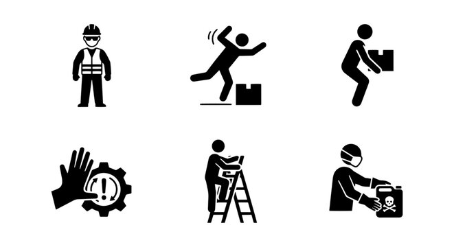 Workplace Safety Icons: Hazard Warning, Fall Prevention, Proper Lifting, Ladder Safety, PPE, Chemical Handling - Vector Graphics